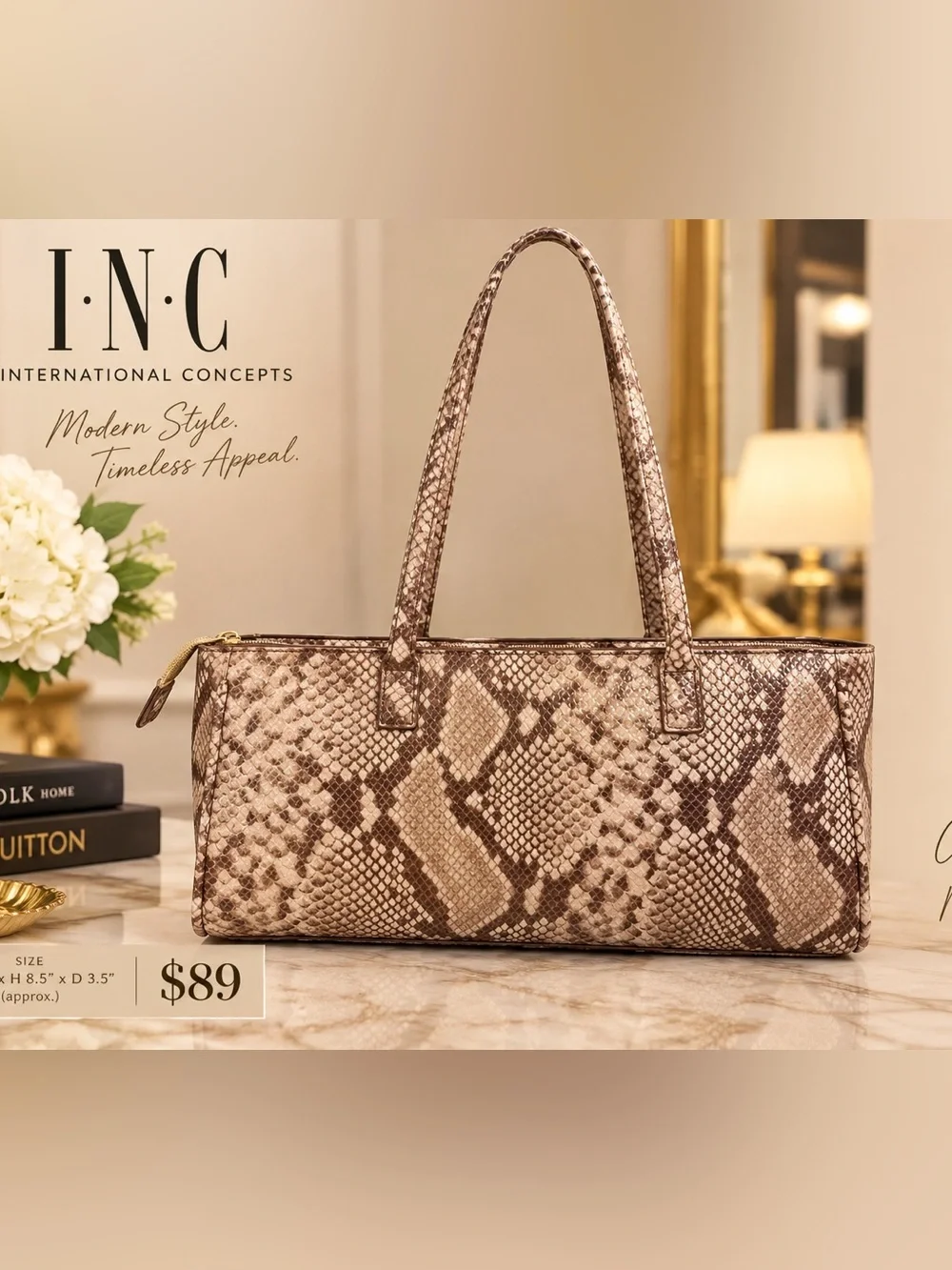 I.N.C Internal Concepts Python-Pattern Satchel Bag in Taupe-NWT!